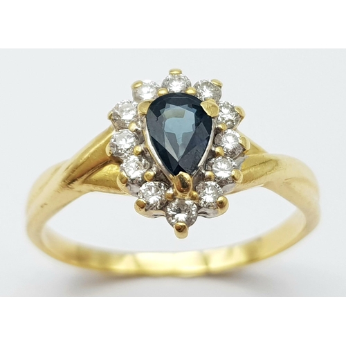 289 - AN 18K YELLOW GOLD DIAMOND & SAPPHIRE PEAR SHAPED CLUSTER RING. 3.2G. SIZE R.