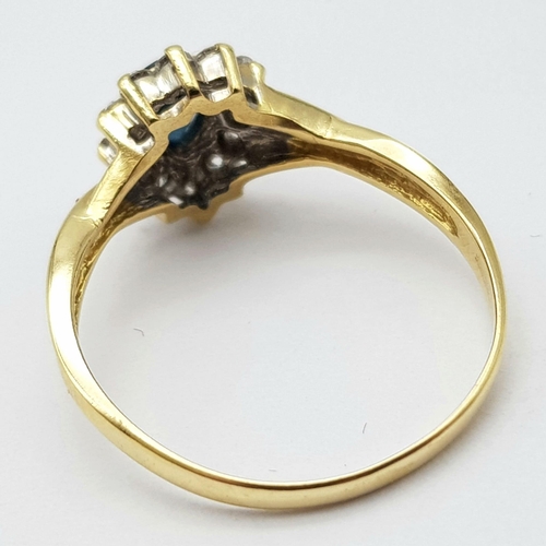 289 - AN 18K YELLOW GOLD DIAMOND & SAPPHIRE PEAR SHAPED CLUSTER RING. 3.2G. SIZE R.