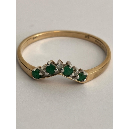 308 - 9 carat GOLD WISHBONE RING set with DIAMONDS & EMERALDS. Full UK hallmark. Complete with ring box. 1... 