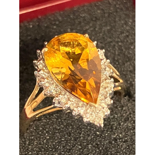 42 - Stunning 9 carat GOLD and ORANGE TOURMALINE RING. Having a large ( 3 carat ) Pear Cut Orange Tourmal... 