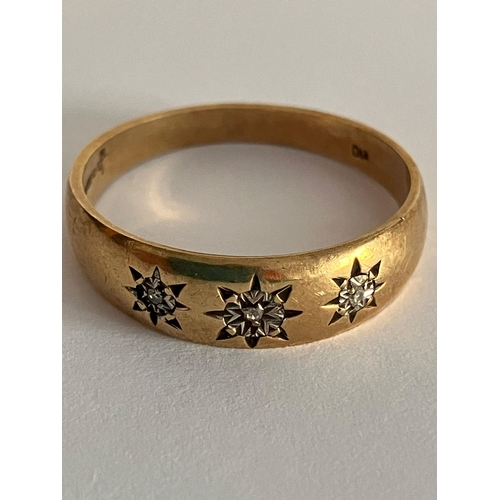 70 - 9 carat GOLD, THREE STONE GYPSY RING. Consisting YELLOW GOLD BAND with 3 x DIAMONDS set to top. Full... 