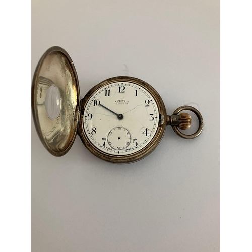 77 - Antique SILVER OMEGA HALF HUNTER POCKET WATCH. Full Hallmark for 1912. Retailed by the Army and Navy... 