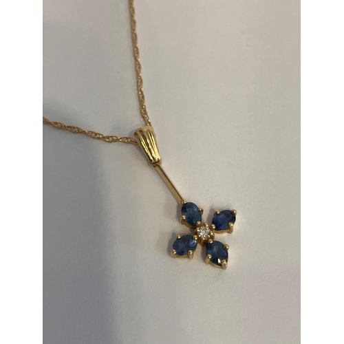 223 - 9 carat GOLD, SAPPHIRE & DIAMOND PENDANT mounted on a 9 carat GOLD CHAIN NECKLACE. Chain x 46 cm. Pe... 