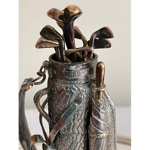 244 - Vintage THEO FENNELL SILVER DISH with SOLID SILVER set of GOLF CLUBS to centre. Signed and hallmarke... 