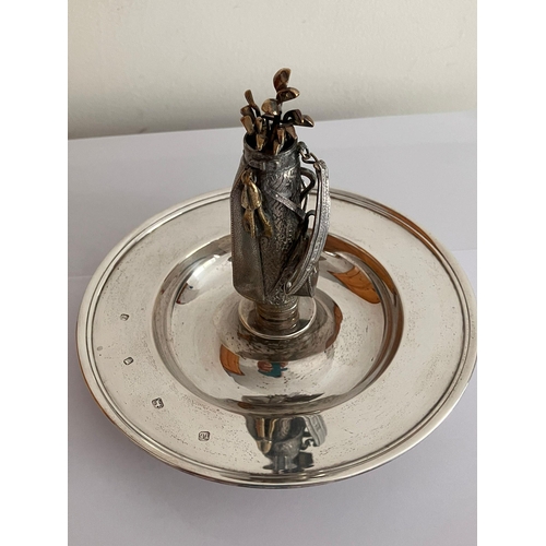 244 - Vintage THEO FENNELL SILVER DISH with SOLID SILVER set of GOLF CLUBS to centre. Signed and hallmarke... 