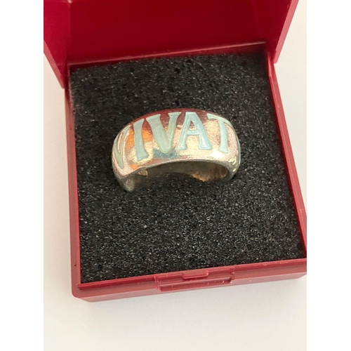 329 - Genuine Wright & Teague VIVAT AMOR SILVER RING. Full hallmark and complete with ring box.size O - P.