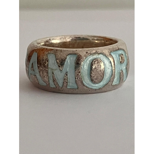 329 - Genuine Wright & Teague VIVAT AMOR SILVER RING. Full hallmark and complete with ring box.size O - P.