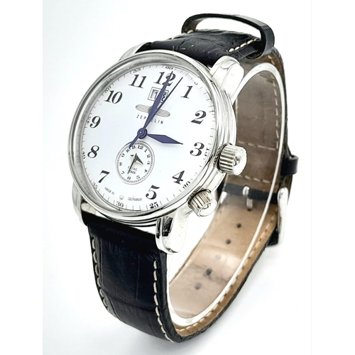 396 - A German Made Zeppelin Dual Time Gents Quartz Watch. Black leather strap. Stainless steel case - 43m... 