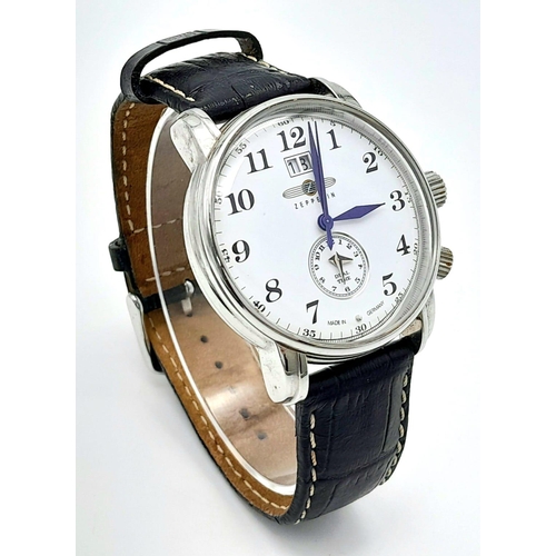 396 - A German Made Zeppelin Dual Time Gents Quartz Watch. Black leather strap. Stainless steel case - 43m... 