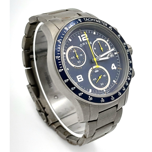 400 - An Orvis Titanium Chronograph Gents Watch. Titanium bracelet and case - 43mm. Blue dial with three s... 