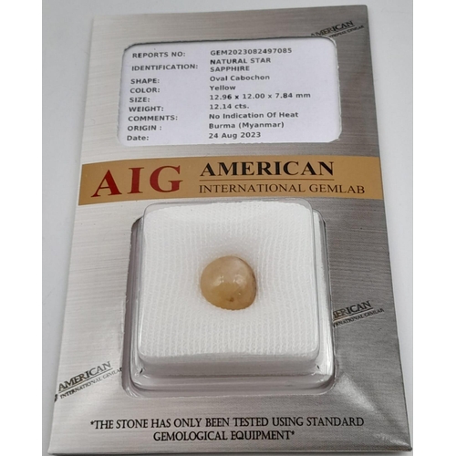 440 - A 12.14ct Untreated Burmese Yellow Sapphire Cabochon Gemstone -  AIG Certified in a Sealed Container... 