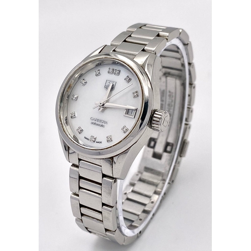 44 - A Tag Heuer Carrera Diamond Ladies Automatic Watch. Stainless steel bracelet and case - 28mm. Mother... 