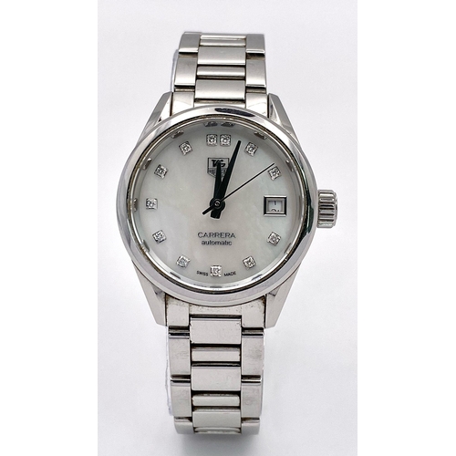 44 - A Tag Heuer Carrera Diamond Ladies Automatic Watch. Stainless steel bracelet and case - 28mm. Mother... 