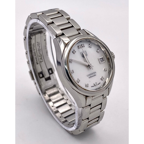 44 - A Tag Heuer Carrera Diamond Ladies Automatic Watch. Stainless steel bracelet and case - 28mm. Mother... 