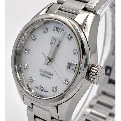 44 - A Tag Heuer Carrera Diamond Ladies Automatic Watch. Stainless steel bracelet and case - 28mm. Mother... 