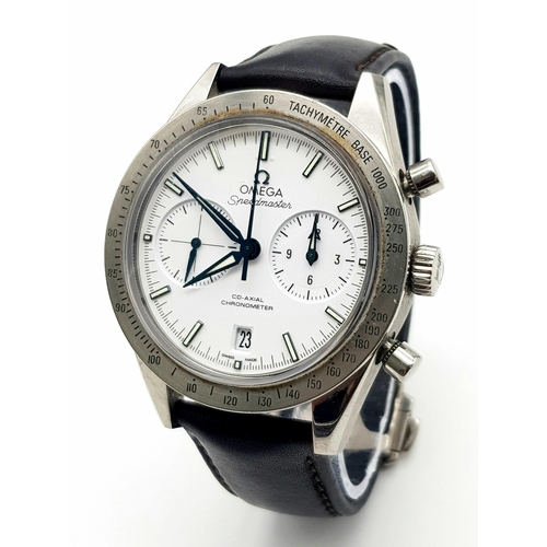 155 - An Omega Speedmaster Automatic Co-Axial Chronograph Gents Watch. Black leather tag strap. Stainless ... 