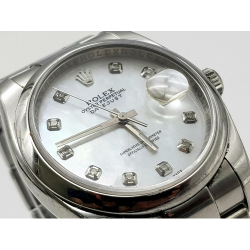 79 - A Rolex Datejust Diamond Gents Automatic Watch. Stainless steel bracelet and case - 36mm. Mother of ... 