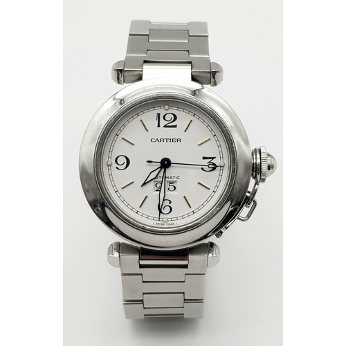 241 - A Pasha de Cartier Automatic Ladies Watch. Stainless steel bracelet and case - 36mm. White dial with... 