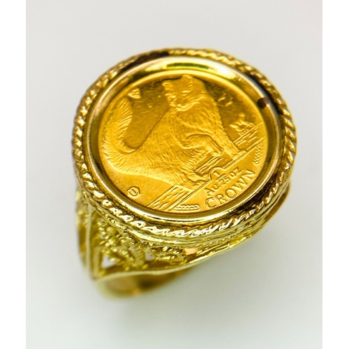 410 - A Fine Gold (.999) Isle of Man 1/25th oz Coin. In a 14K gold ring setting. Size N. 4.8g total weight... 