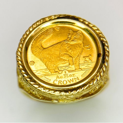 410 - A Fine Gold (.999) Isle of Man 1/25th oz Coin. In a 14K gold ring setting. Size N. 4.8g total weight... 