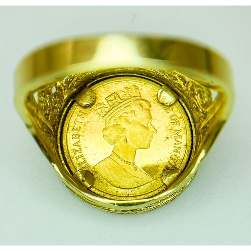 410 - A Fine Gold (.999) Isle of Man 1/25th oz Coin. In a 14K gold ring setting. Size N. 4.8g total weight... 