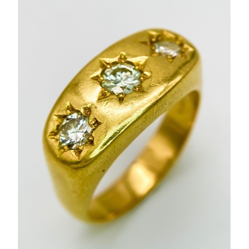 50 - A Vintage 18K Yellow Gold Three Diamond Gypsy Ring. 1ctw. Size U/V. 16.2g total weight.