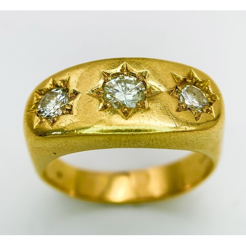 50 - A Vintage 18K Yellow Gold Three Diamond Gypsy Ring. 1ctw. Size U/V. 16.2g total weight.