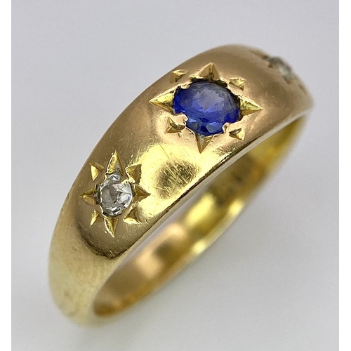 57 - A Vintage 18K Yellow Gold Diamond and Sapphire Gypsy Ring. Size L. 4.6g total weight.