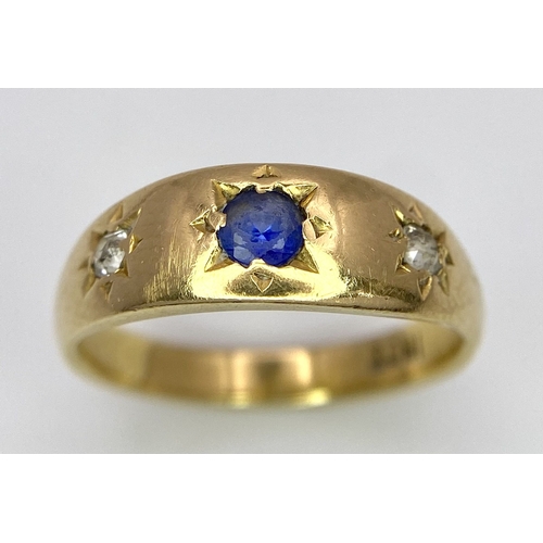 57 - A Vintage 18K Yellow Gold Diamond and Sapphire Gypsy Ring. Size L. 4.6g total weight.