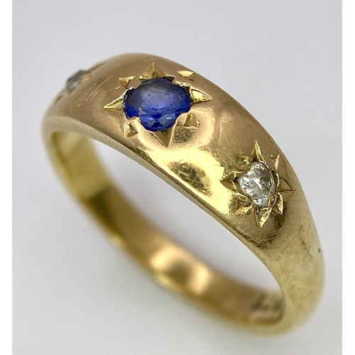 57 - A Vintage 18K Yellow Gold Diamond and Sapphire Gypsy Ring. Size L. 4.6g total weight.