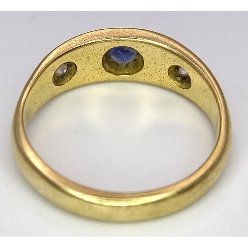 57 - A Vintage 18K Yellow Gold Diamond and Sapphire Gypsy Ring. Size L. 4.6g total weight.