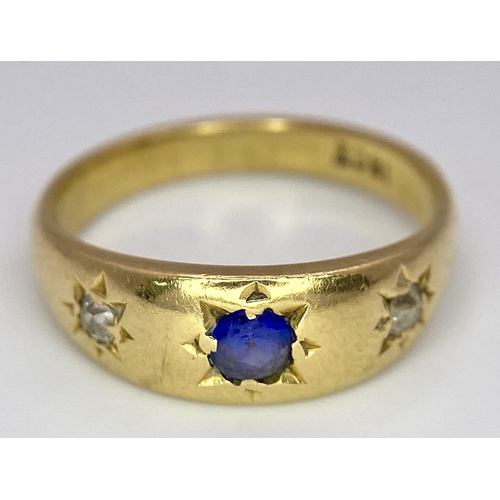 57 - A Vintage 18K Yellow Gold Diamond and Sapphire Gypsy Ring. Size L. 4.6g total weight.