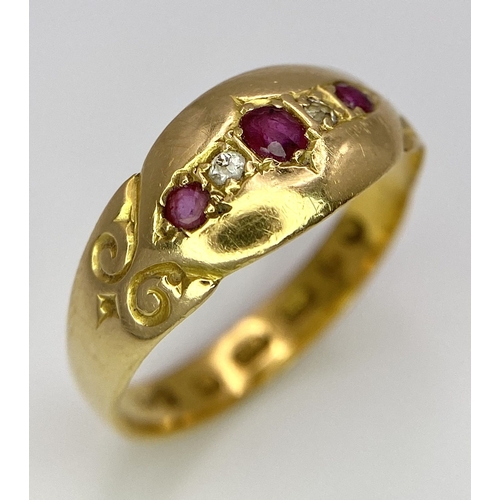 78 - An Antique 22K Yellow Gold Ruby and Diamond Ring. Size M. 2.6g total weight.