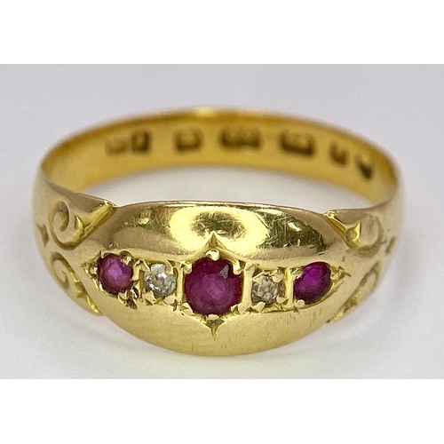 78 - An Antique 22K Yellow Gold Ruby and Diamond Ring. Size M. 2.6g total weight.