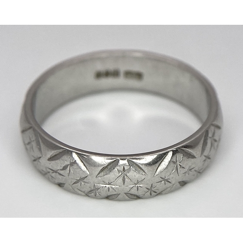 80 - A Vintage Platinum Band Ring with Geometric Decorative Pattern. 5mm width. Size P. 7.5g