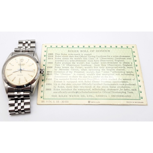 93 - A Very Collectible Vintage (1950s) Rolex Precision Automatic Gents Watch. Stainless steel bracelet a... 