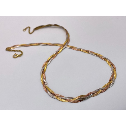 16 - A 9K Tri-Colour Gold Entwined Flat Necklace. 44cm. 7.6g weight