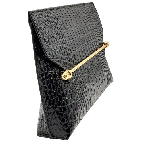 185 - A Strathberry Black THE STYLIST Crossbody Bag. Crocodile embossed leather exterior with gold-toned h... 