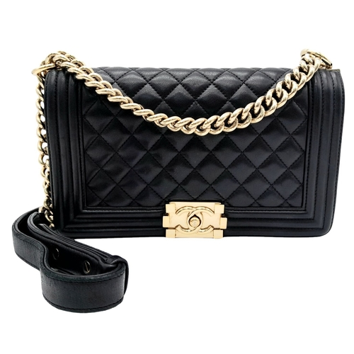 20 - A Chanel Black Boy Bag. Quilted leather exterior with gold-toned hardware, chain and leather adjusta... 