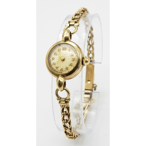 51 - A Vintage 9K Yellow Gold Renown Ladies Watch. 9K gold bracelet and case - 18mm. Patinaed dial. Mecha... 