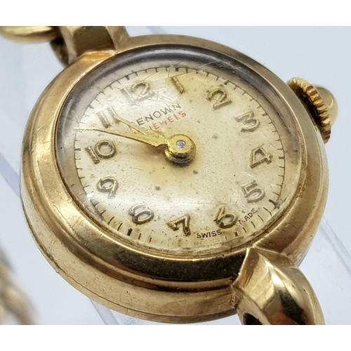 51 - A Vintage 9K Yellow Gold Renown Ladies Watch. 9K gold bracelet and case - 18mm. Patinaed dial. Mecha... 