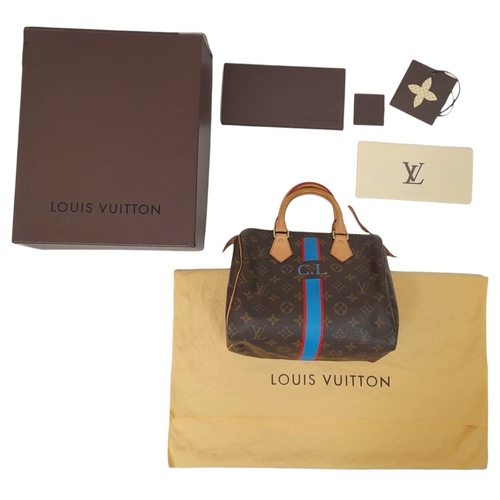 81 - A Louis Vuitton Monogram Stripe Canvas Speedy Perso Bag. LV monogram canvas exterior with C.L. initi... 