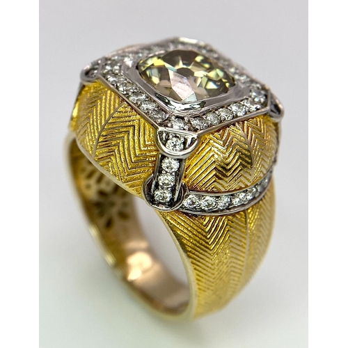 393 - An 18K Yellow Gold Diamond Dress Ring. A 2.5ct central globular cut yellow diamond, with a round cut... 