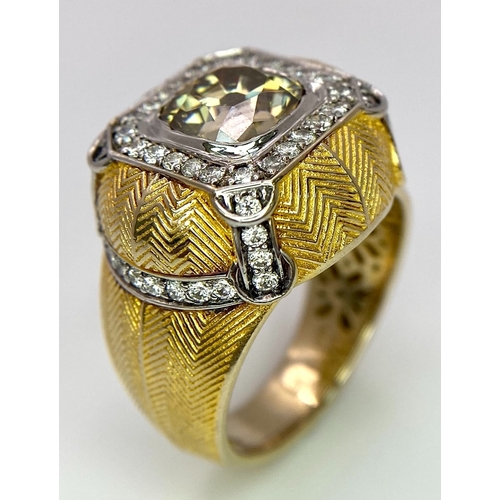 393 - An 18K Yellow Gold Diamond Dress Ring. A 2.5ct central globular cut yellow diamond, with a round cut... 