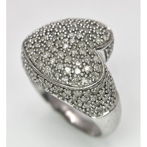 450 - A 9K White Gold Diamond Heart Cluster Ring. Size Q. 7.5g total weight.