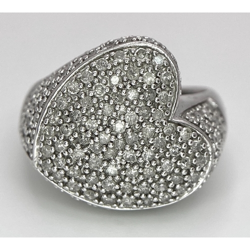 450 - A 9K White Gold Diamond Heart Cluster Ring. Size Q. 7.5g total weight.