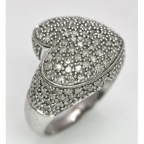 450 - A 9K White Gold Diamond Heart Cluster Ring. Size Q. 7.5g total weight.