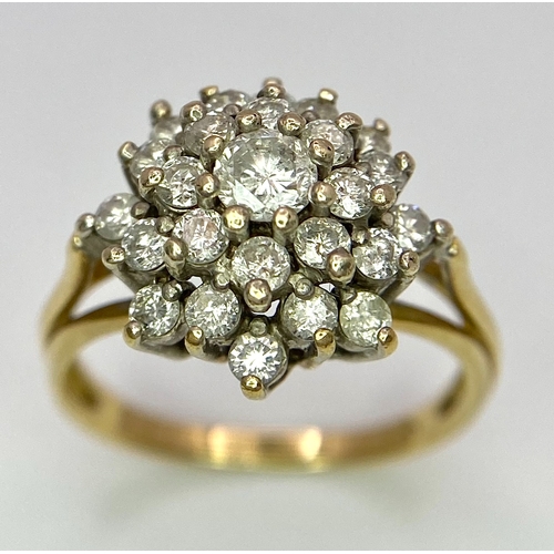 47 - AN 18K YELLOW GOLD DIAMOND CLUSTER RING - 1CTW. 4.2G. SIZE L 1/2.