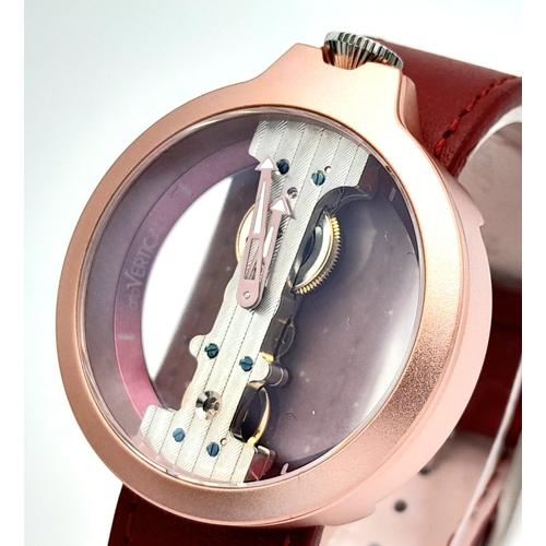 478 - A Verticale Mechanical Top Winder Gents Watch. Red leather strap. Ceramic rose gold skeleton case - ... 