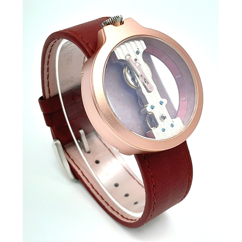 478 - A Verticale Mechanical Top Winder Gents Watch. Red leather strap. Ceramic rose gold skeleton case - ... 